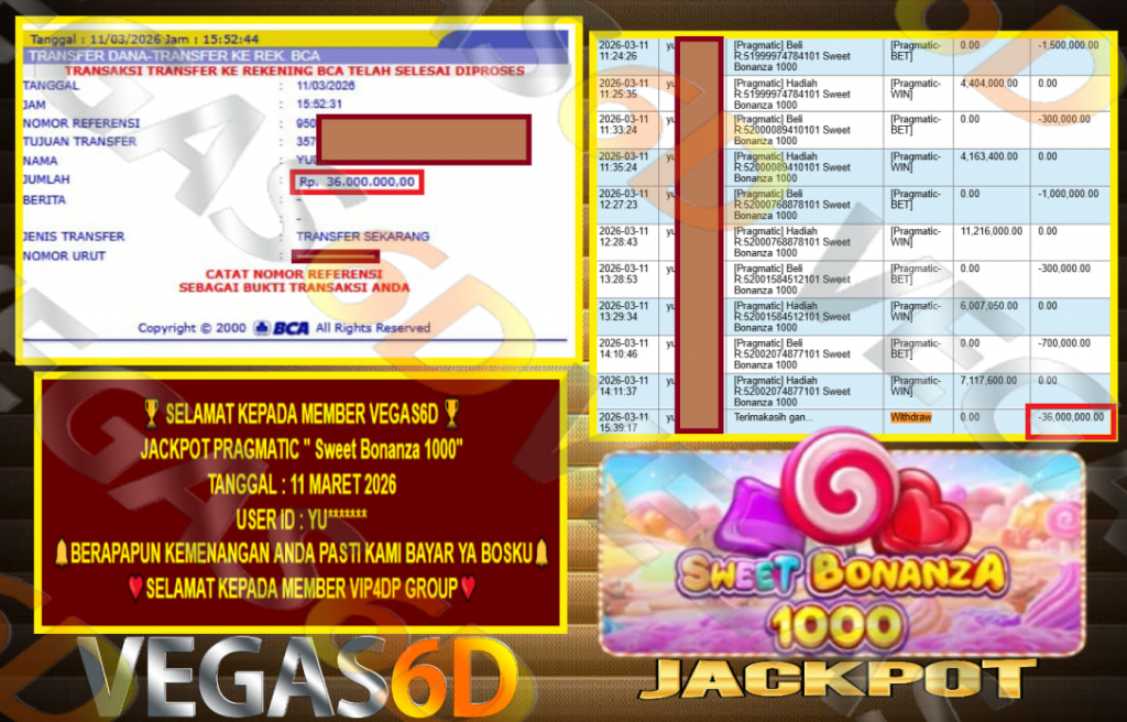 VEGAS6D JACKPOT PRAGMATIC ” Sweet Bonanza 1000″ Rp.36.000.000,- LUNAS