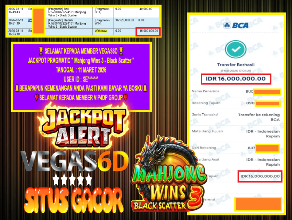 VEGAS6D JACKPOT PRAGMATIC ” Mahjong Wins 3 – Black Scatter ” Rp.16.000.000,- LUNAS