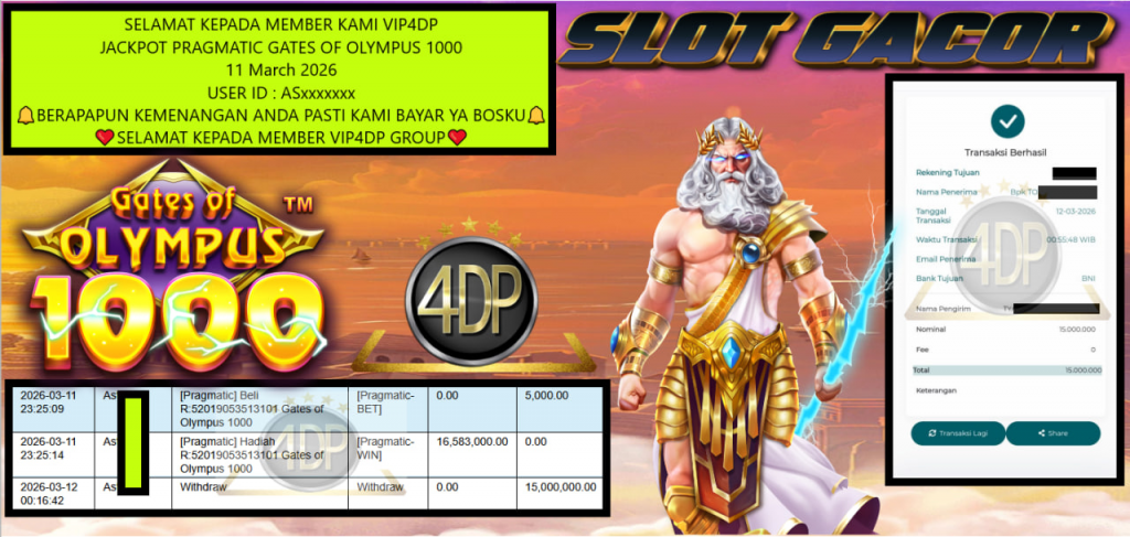VIP4DP JACKPOT PRAGMATIC GATES OF OLYMPUS 1000 Rp.15.000.000,- LUNAS
