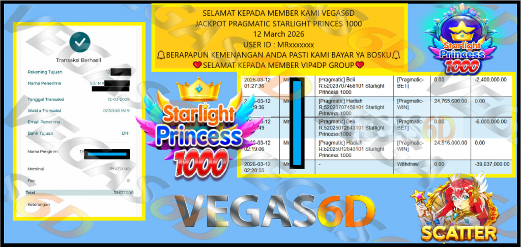 VEGAS6D JACKPOT PRAGMATIC STARLIGHT PRINCES 1000 Rp.39.637.000,- LUNAS