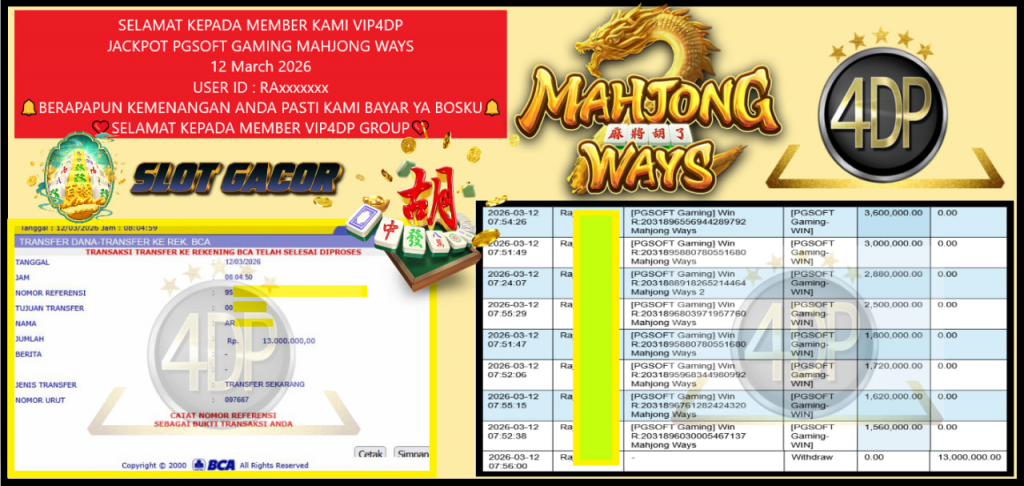 VIP4DP JACKPOT PGSOFT GAMING MAHJONG WAYS Rp.13.000.000,- LUNAS
