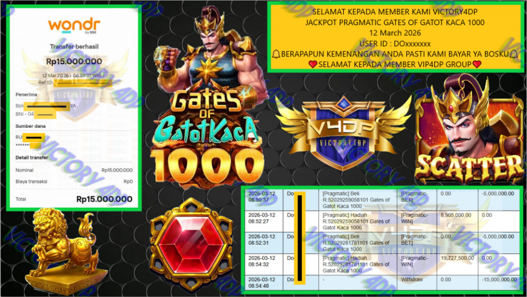 VICTORY4DP JACKPOT PRAGMATIC GATES OF GATOT KACA 1000 Rp.15.000.000,- LUNAS