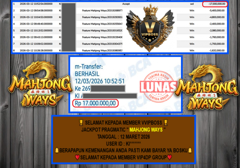 VVIPBOSS JACKPOT PRAGMATIC ” MAHJONG WAYS ” Rp.17.00.000,- LUNAS