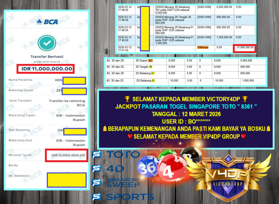 VICTORY4DP JACKPOT PASARAN TOGEL SINGAPORE TOTO ” 8361 ” Rp.11.00.000,- LUNAS