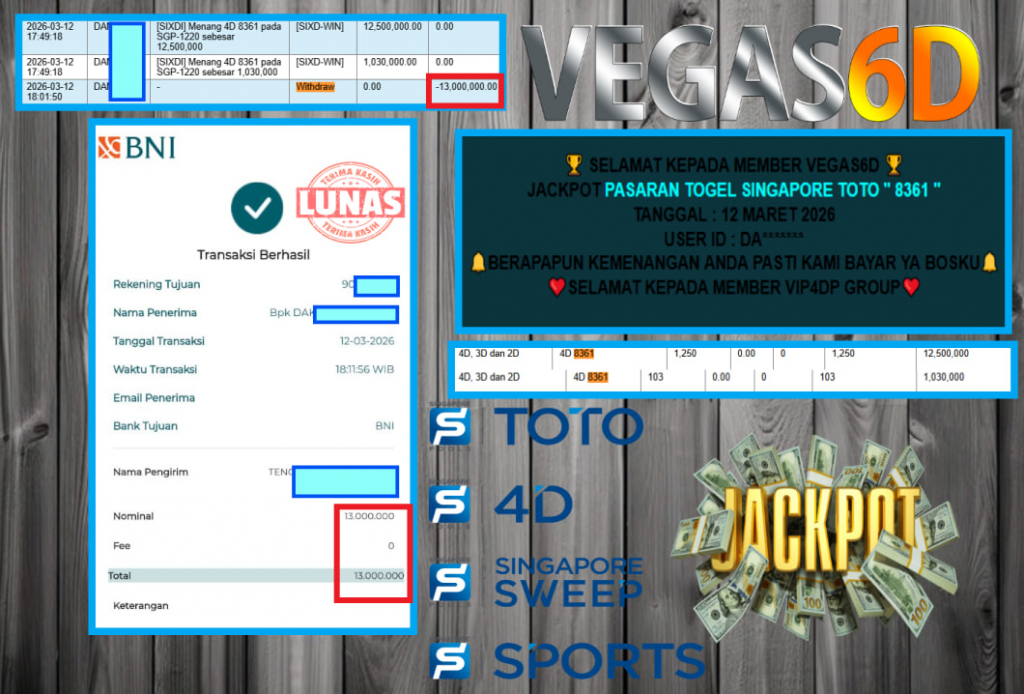 VEGAS6D JACKPOT PASARAN TOGEL SINGAPORE TOTO ” 8361 ” Rp.13.00.000,-