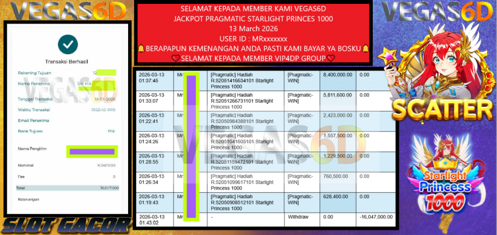 VEGAS6D JACKPOT PRAGMATIC STARLIGHT PRINCES 1000 Rp.16.047.000,- LUNAS