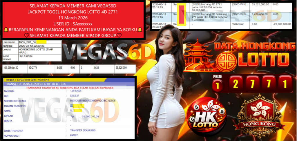 VEGAS6D JACKPOT TOGEL HONGKONG LOTTO 4D 2771 Rp.20.000.000,- LUNAS