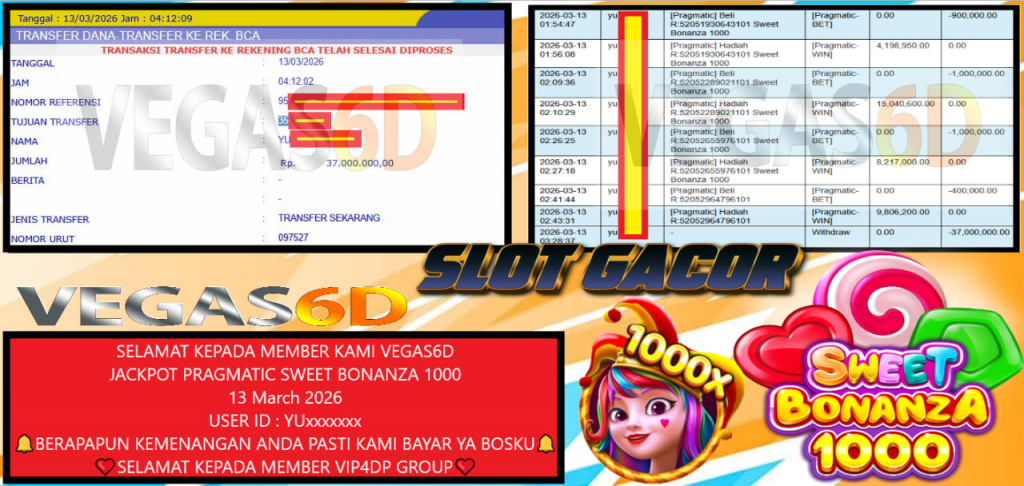 VEGAS6D JACKPOT PRAGMATIC SWEET BONANZA 1000 Rp.37.000.000,- LUNAS