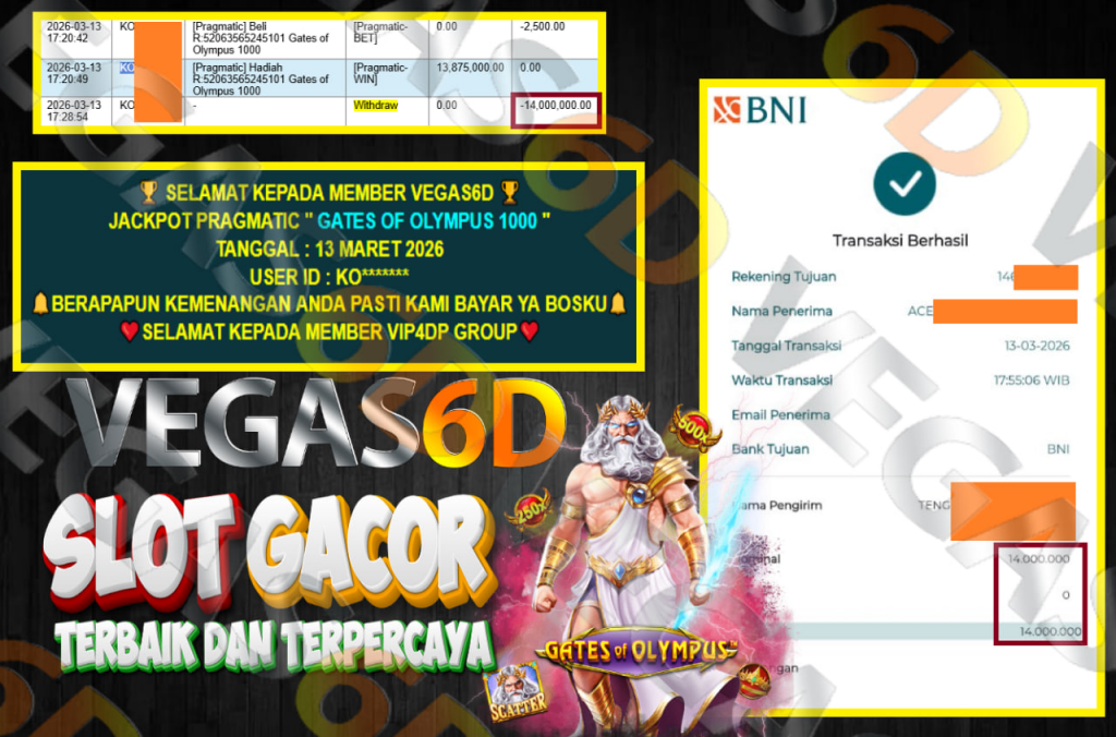VEGAS6D JACKPOT PRAGMATIC GATES OF OLYMPUS 1000 Rp.14.000.000,- LUNAS