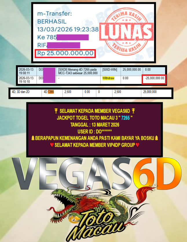 VEGAS6D JACKPOT TOGEL TOTO MACAU 3 ” 7265 ” Rp.25.000.000,-