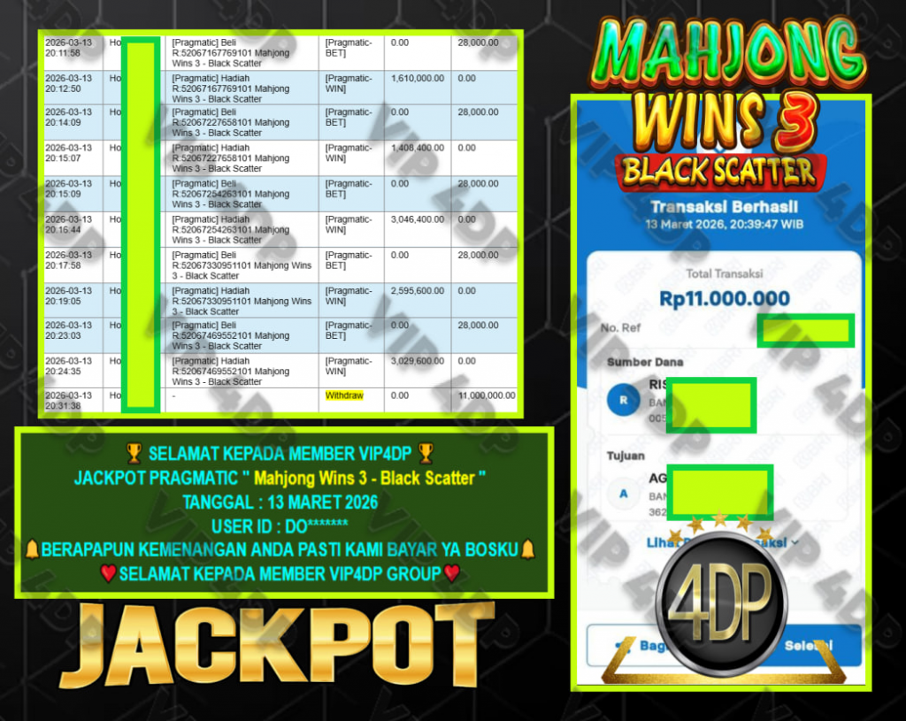 VIP4DP JACKPOT PRAGMATIC ” Mahjong Wins 3 – Black Scatter ” Rp.11.000.000,- LUNAS