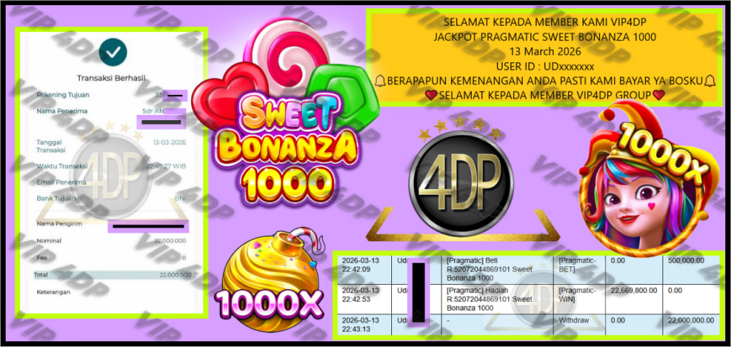 VIP4DP JACKPOT PRAGMATIC SWEET BONANZA 1000 Rp.22.000.000,- LUNAS