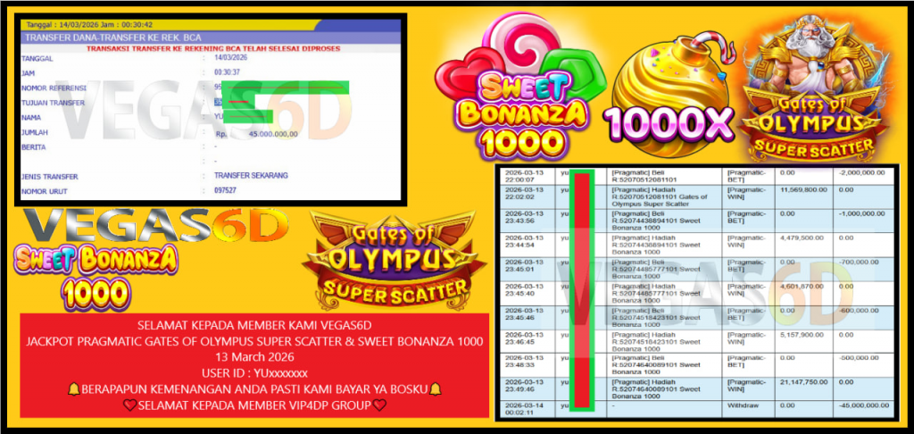 VEGAS6D JACKPOT PRAGMATIC GATES OF OLYMPUS SUPER SCATTER & SWEET BONANZA 1000 Rp.45.000.000,- LUNAS