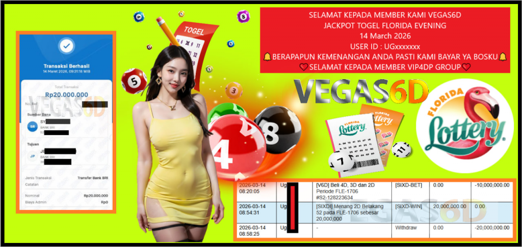 VEGAS6D JACKPOT TOGEL FLORIDA EVENING 2D Belakang 52 Rp.20.000.000,- LUNAS
