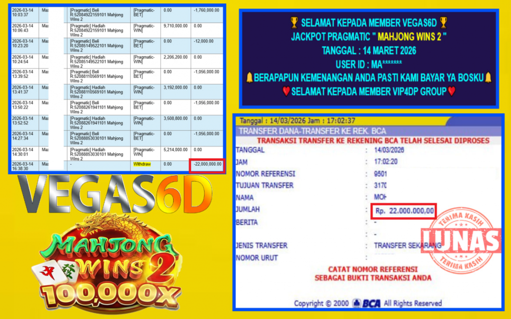 VEGAS6D JACKPOT PRAGMATIC ” Mahjong Wins 2 ” Rp.22.000.000,- LUNAS