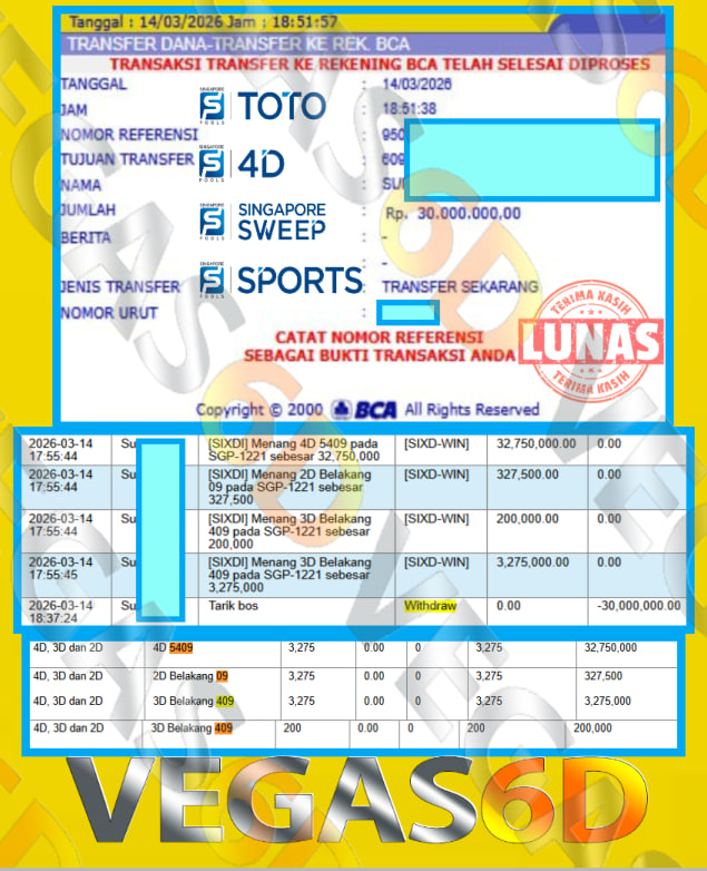 VEGAS6D JACKPOT TOGEL PASARAN SINGAPORE ” 5409 ” Rp.30.000.000,- LUNAS