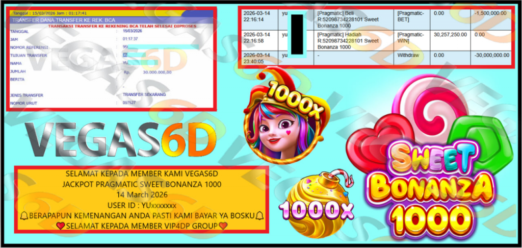 VEGAS6D JACKPOT PRAGMATIC SWEET BONANZA 1000 Rp.30.000.000,- LUNAS
