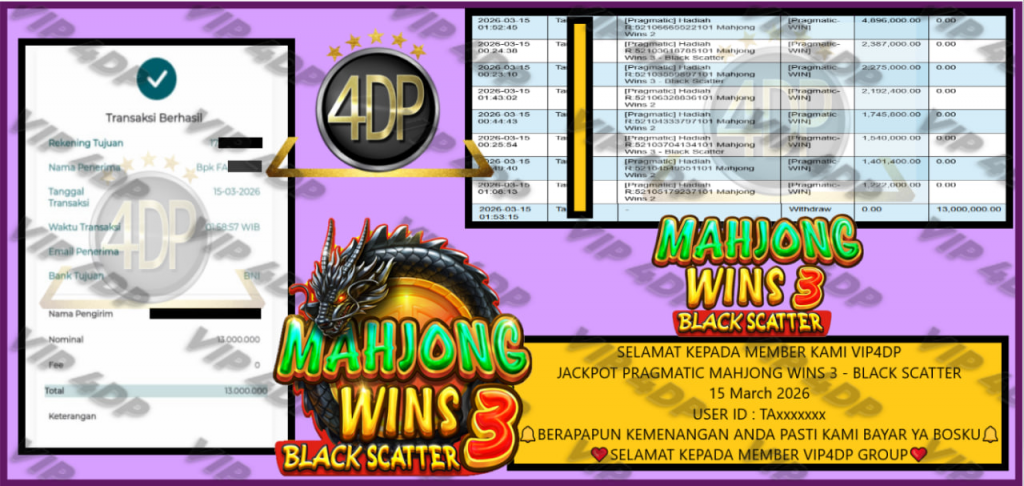VIP4DP JACKPOT PRAGMATIC MAHJONG WINS 3 – BLACK SCATTER Rp.11.000.000,- LUNAS