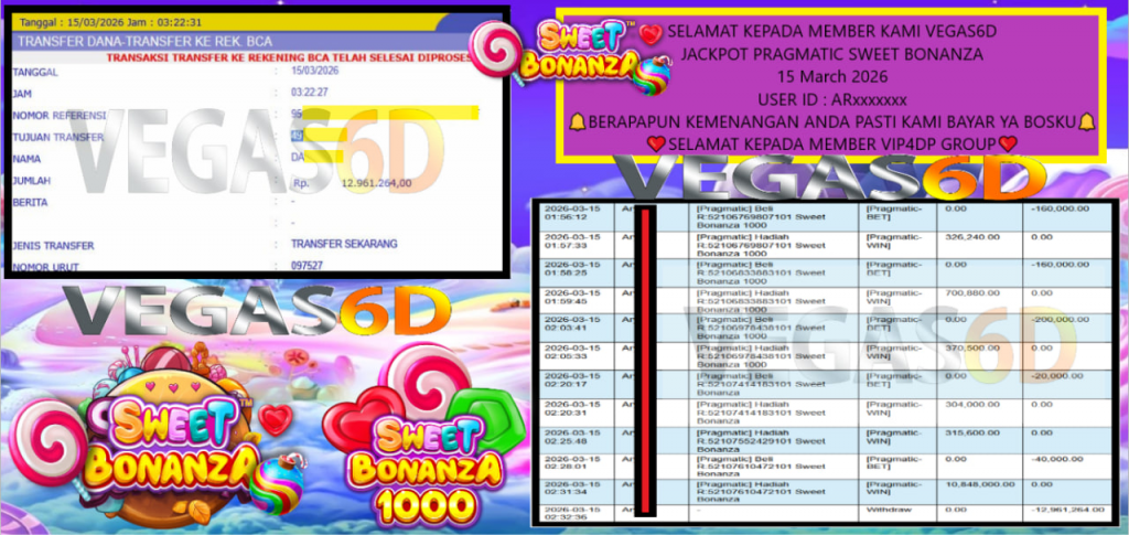 VEGAS6D JACKPOT PRAGMATIC SWEET BONANZA Rp.12.961.264,- LUNAS