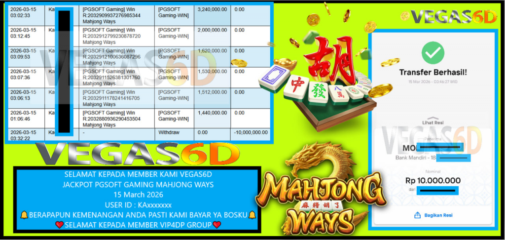 VEGAS6D JACKPOT PGSOFT GAMING MAHJONG WAYS Rp.10.000.000,- LUNAS