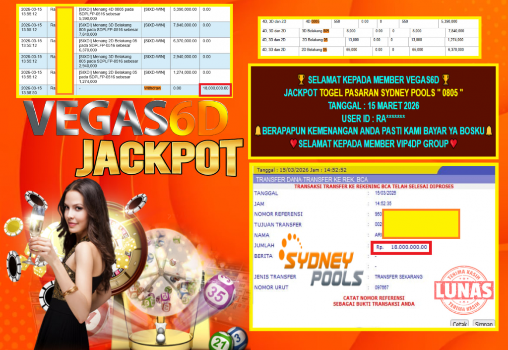 VEGAS6D JACKPOT TOGEL PASARAN SYDNEY POOLS ” 0805 ” Rp.18.000.000,- LUNAS