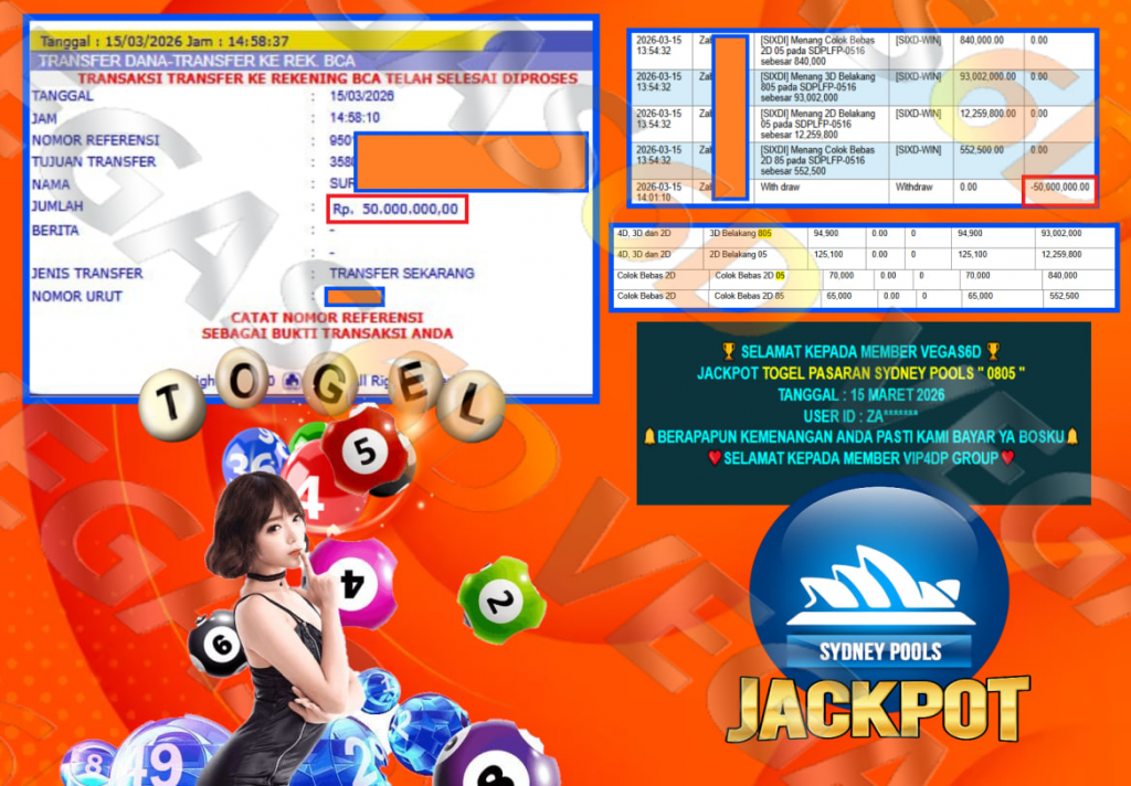 VEGAS6D JACKPOT TOGEL PASARAN SYDNEY POOLS ” 0805 ” Rp.106.654.300,- LUNAS
