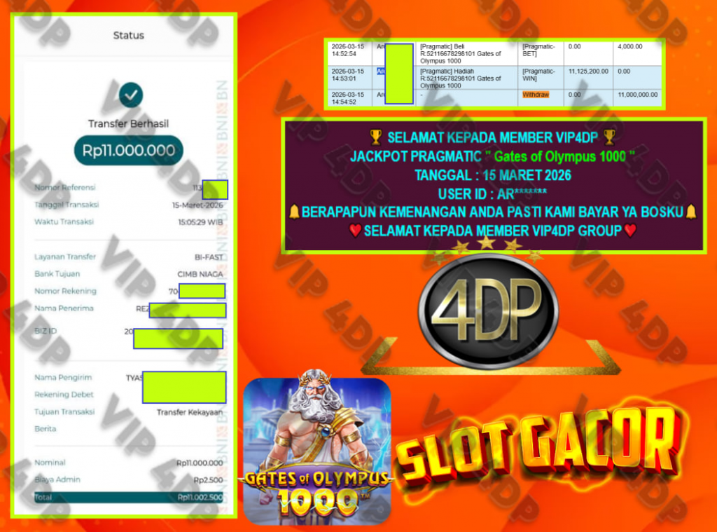 VIP4DP JACKPOT PRAGMATIC ” GATES OF OLYMPUS 1000 ” Rp.11.000.000,- LUNAS