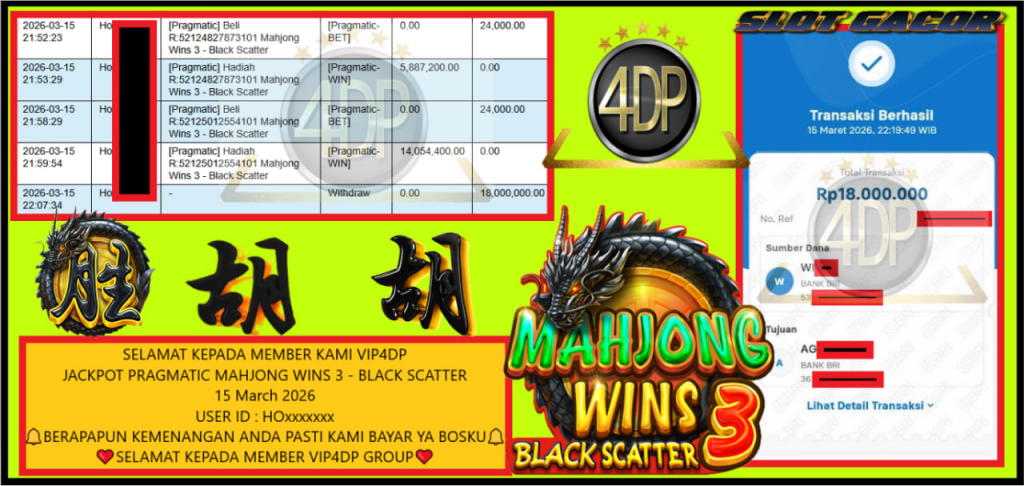 VIP4DP JACKPOT PRAGMATIC MAHJONG WINS 3 – BLACK SCATTER Rp.18.000.000,- LUNAS