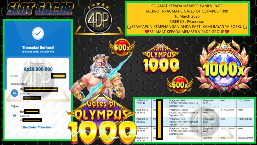 VIP4DP JACKPOT PRAGMATIC GATES OF OLYMPUS 1000 Rp.20.000.000,- LUNAS