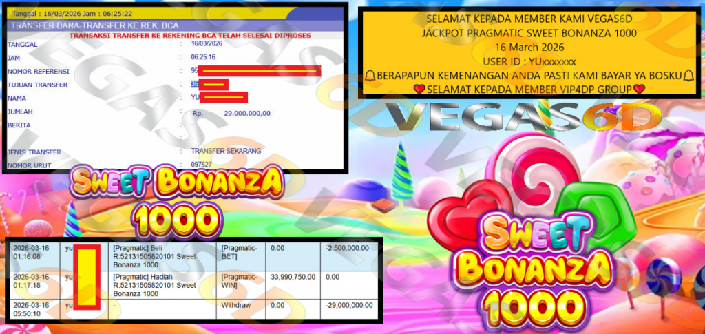 VEGAS6D JACKPOT PRAGMATIC SWEET BONANZA 1000 Rp.29.000.000,- LUNAS