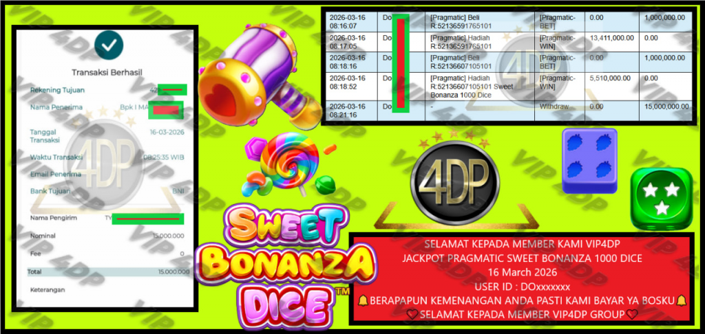 VIP4DP JACKPOT PRAGMATIC SWEET BONANZA 1000 DICE Rp.15.000.000,- LUNAS