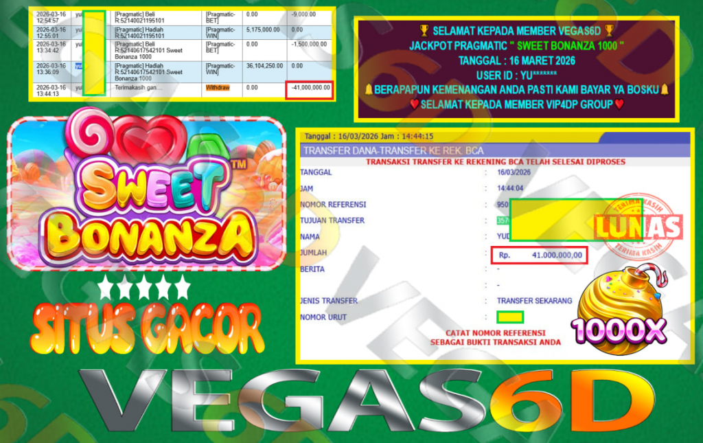 VEGAS6D JACKPOT PRAGMATIC ” SWEET BONANZA 1000 ” Rp.41.000.000,- LUNAS