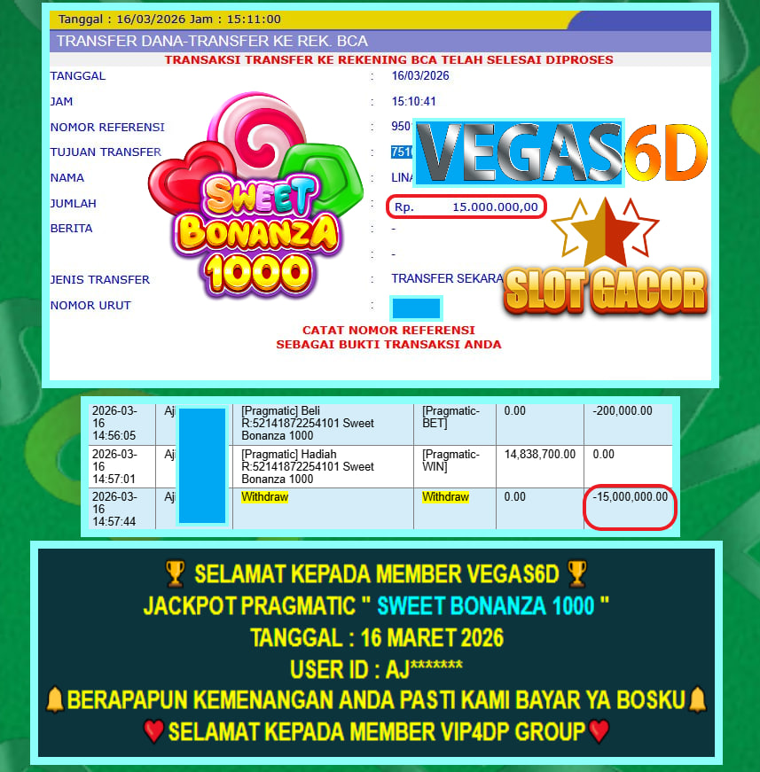 VEGAS6D JACKPOT PRAGMATIC ” SWEET BONANZA 1000 ” Rp.15.000.000,- LUNAS