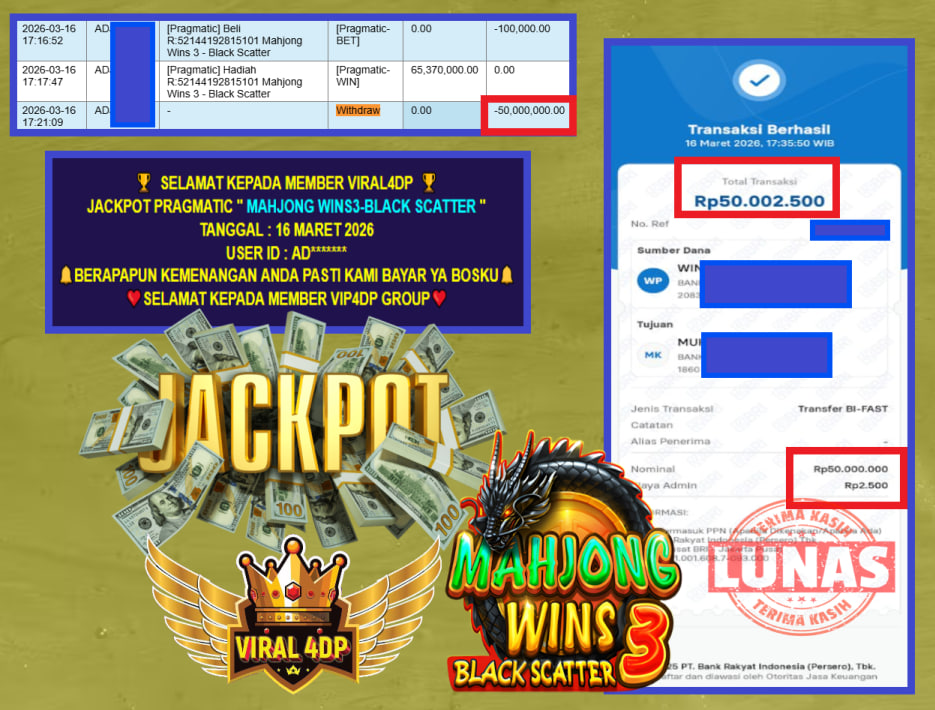 VIRAL4DP JACKPOT PRAGMATIC ” MAHJONG WINS3-BLACK SCATTER ” Rp.70.000.000,- LUNAS