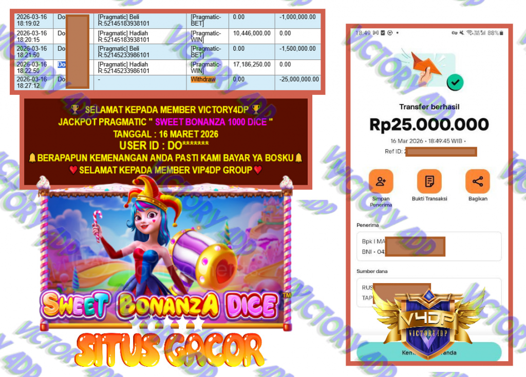 VICTORY4DP JACKPOT PRAGMATIC ” SWEET BONANZA 1000 DICE ” Rp.25.000.000,- LUNAS