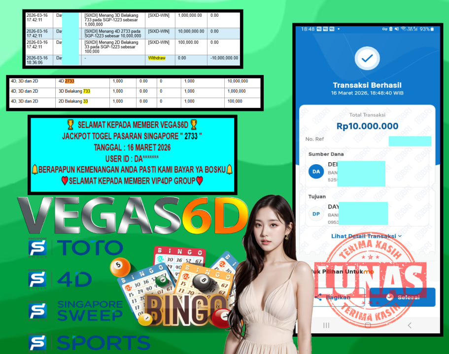 VEGAS6D JACKPOT TOGEL PASARAN SINGAPORE ” 2733 ” Rp.10.000.000,- LUNAS