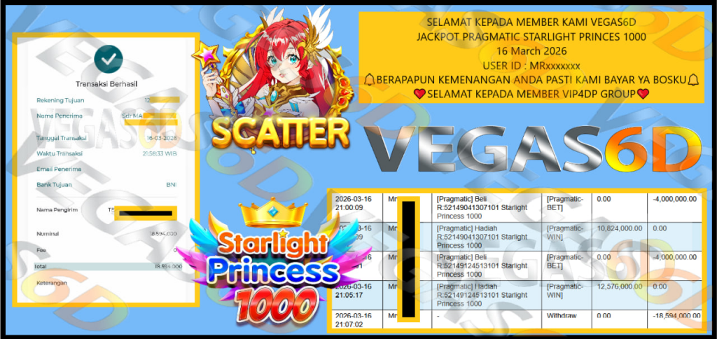 VEGAS6D JACKPOT PRAGMATIC STARLIGHT PRINCES 1000 Rp.18.594.000,- LUNAS
