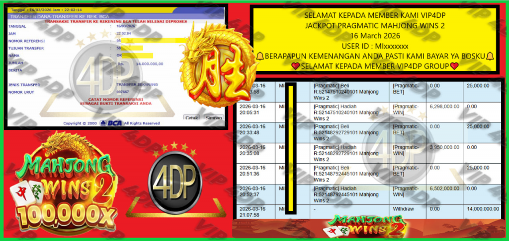 VIP4DP JACKPOT PRAGMATIC MAHJONG WINS 2 Rp.14.000.000,- LUNAS