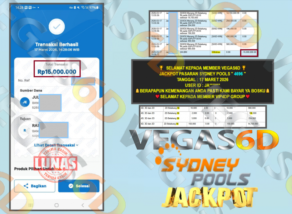 VEGAS6D JACKPOT PASARAN SYDNEY POOLS ” 4696 ” Rp.15.000.000,- LUNAS