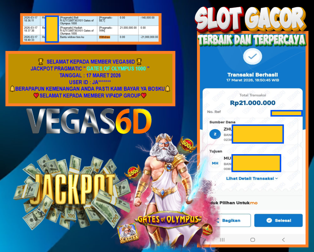 VEGAS6D JACKPOT PRAGMATIC ” GATES OF OLYMPUS 1000 ” Rp.21.000.000,- LUNAS