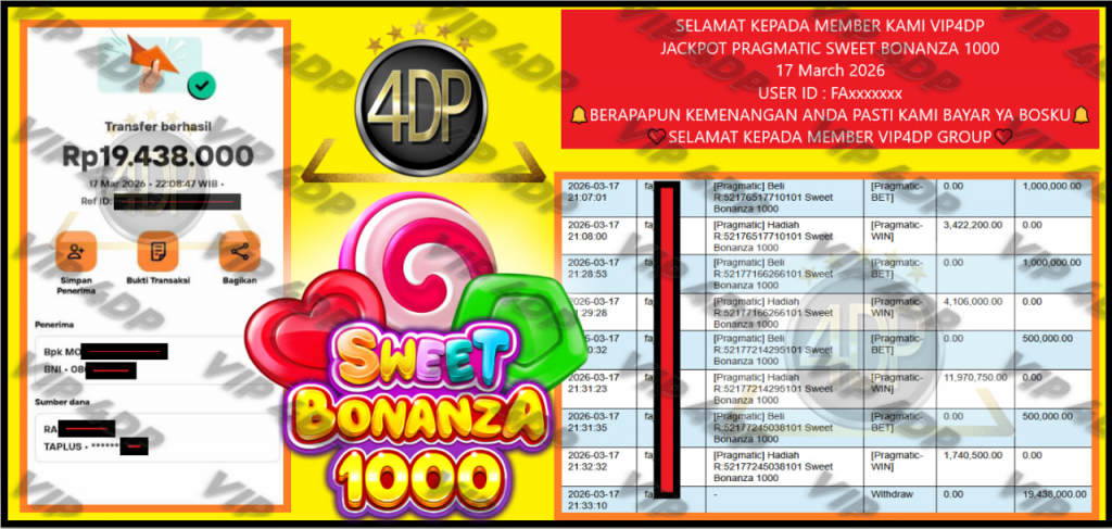 VIP4DP JACKPOT PRAGMATIC SWEET BONANZA 1000 Rp.19.438.000,- LUNAS