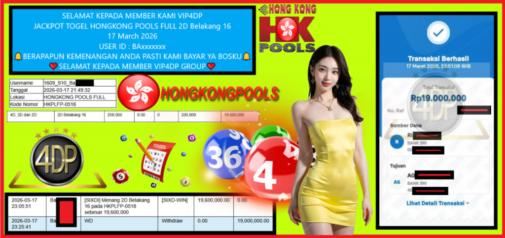 VIP4DP JACKPOT TOGEL HONGKONG POOLS FULL 2D Belakang 16 Rp.19.000.000,- LUNAS