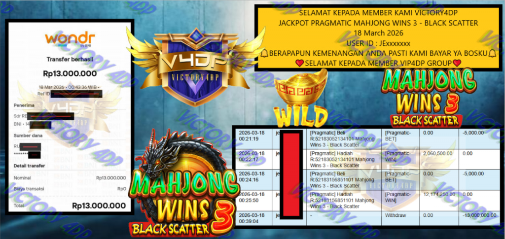 VICTORY4DP JACKPOT PRAGMATIC MAHJONG WINS 3 – BLACK SCATTER Rp.13.000.000,- LUNAS