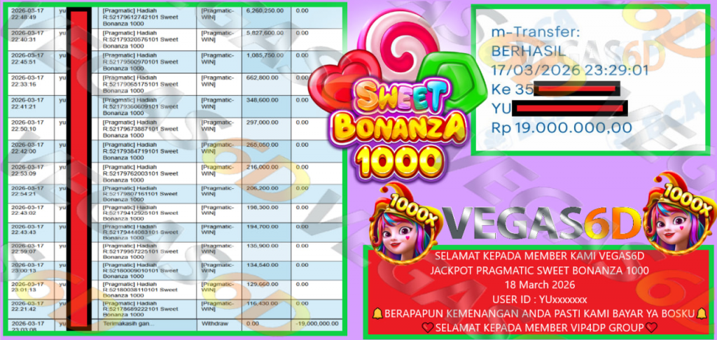 VEGAS6D JACKPOT PRAGMATIC SWEET BONANZA 1000 Rp.19.000.000,- LUNAS