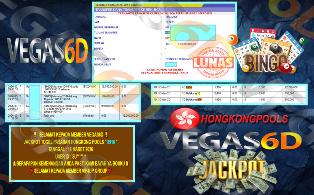 VEGAS6D JACKPOT TOGEL PASARAN HONGKONG POOLS ” 8916 ” Rp.12.000.000,- LUNAS