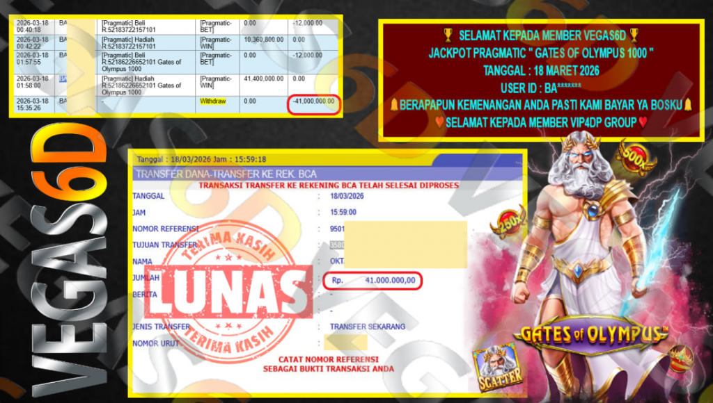 VEGAS6D JACKPOT PRAGMATIC ” GATES OF OLYMPUS 1000 ” Rp.41.000.000,- LUNAS