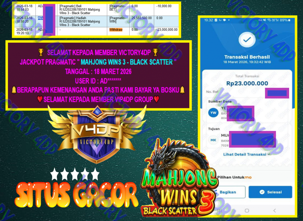 VICTORY4DP JACKPOT PRAGMATIC ” MAHJONG WINS 3 – BLACK SCATTER ” Rp.23.000.000,- LUNAS