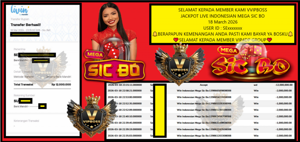 VVIPBOSS JACKPOT LIVE INDONESIAN MEGA SIC BO Rp.12.000.000,- LUNAS