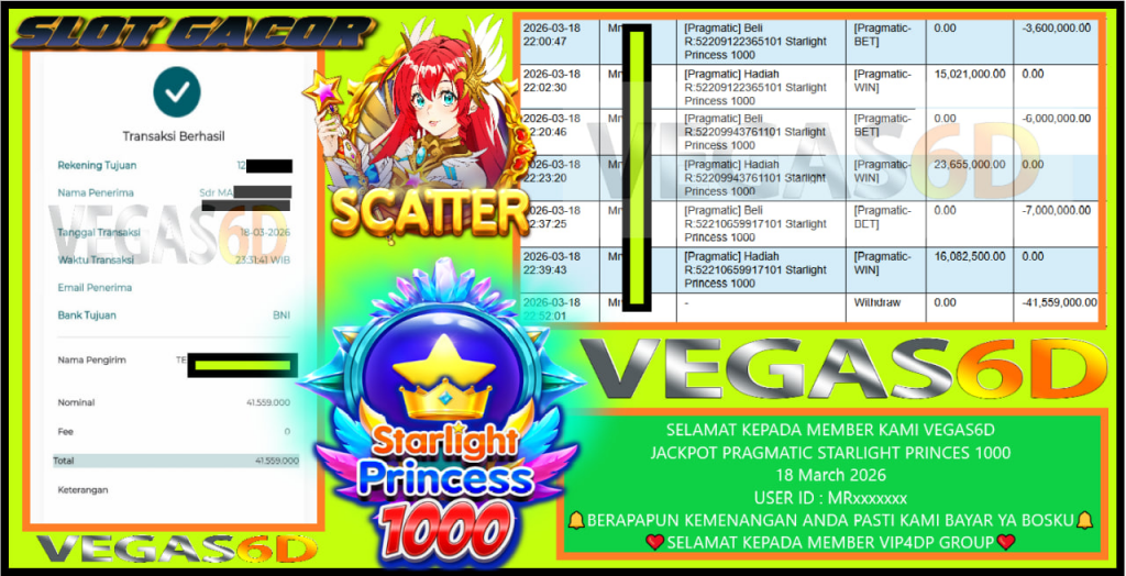 VEGAS6D JACKPOT PRAGMATIC STARLIGHT PRINCES 1000 Rp.41.559.000,- LUNAS