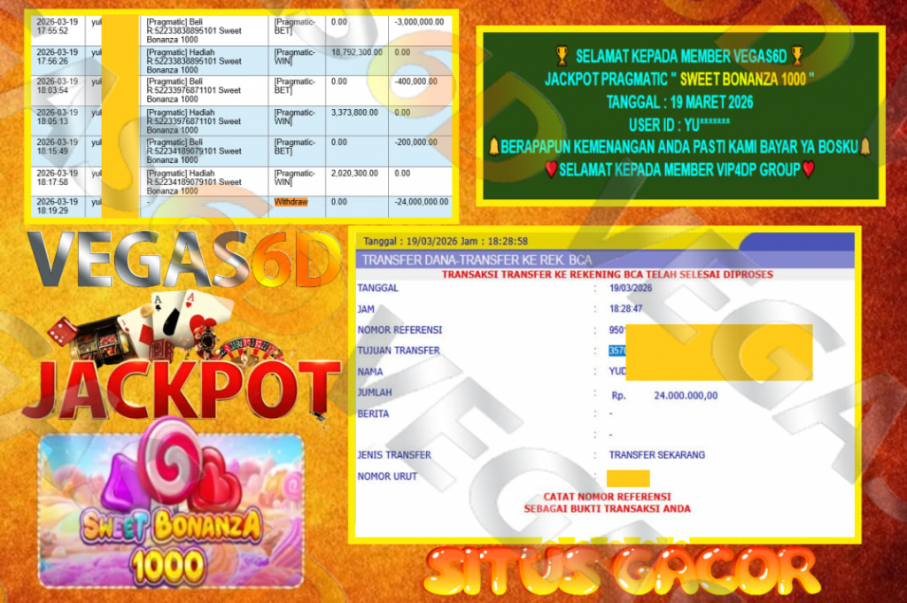 VEGAS6D JACKPOT PRAGMATIC ” SWEET BONANZA 1000 ” Rp.24.000.000,- LUNAS